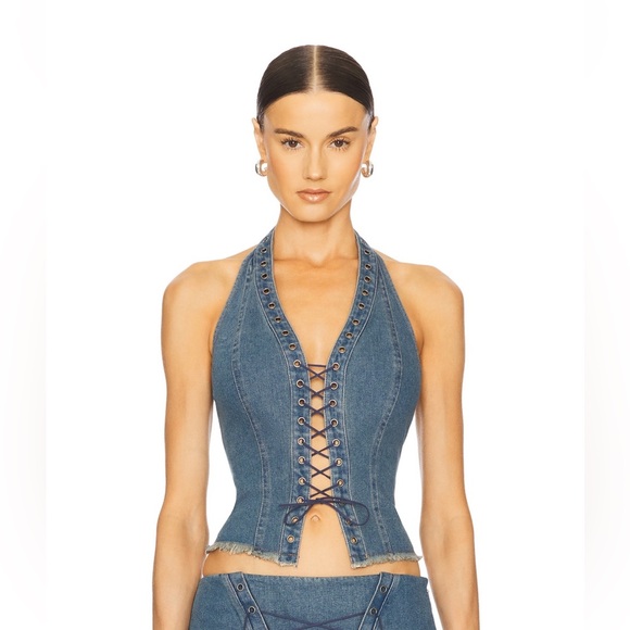 Denim Lace-Up Halter set  top and jeans